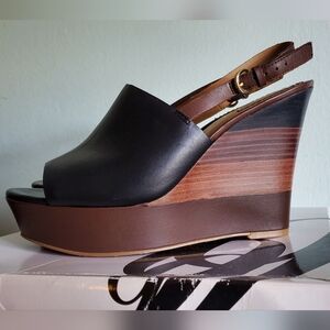 Nine West Black Faux Leather Wedge Sandals